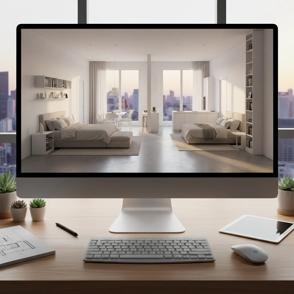Desktop monitor showing a modern studio apartment interior design with bed table and large windows