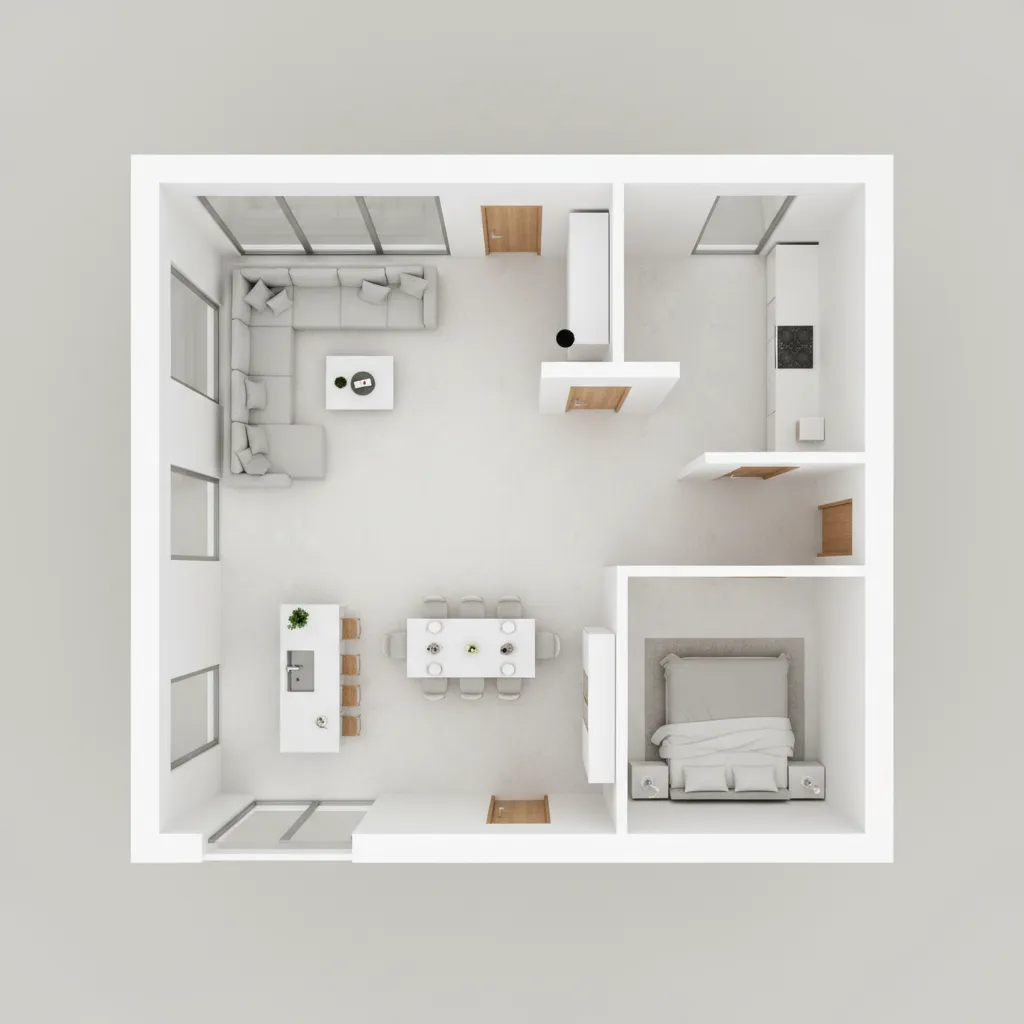 3D floor plan modeling process showing walls furniture and room structure