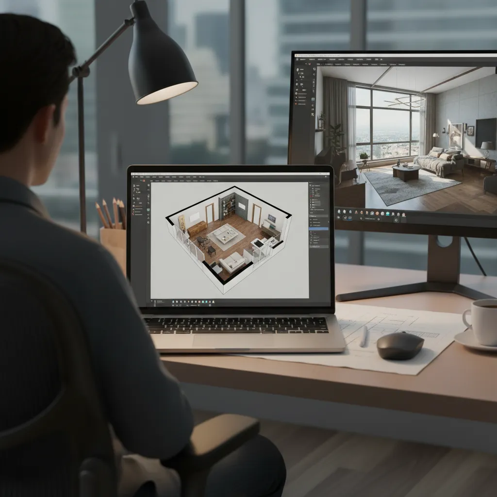 Interior designer using software to edit a 3D floor plan layout