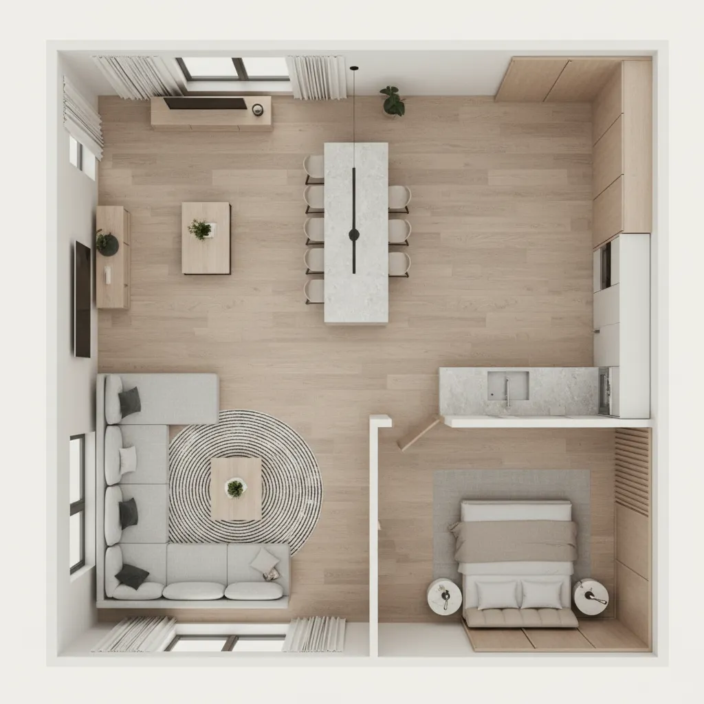 3D apartment floor plan created with home design software showing furniture placement