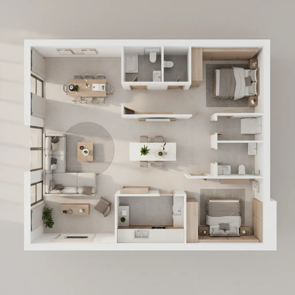 3D floor plan visualization showing furniture layout and room structure