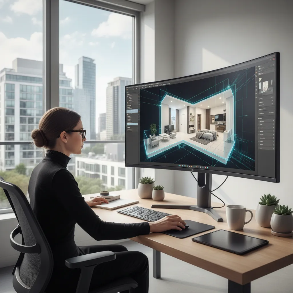Woman designer using a large curved monitor to create a 3D bedroom interior design drawing