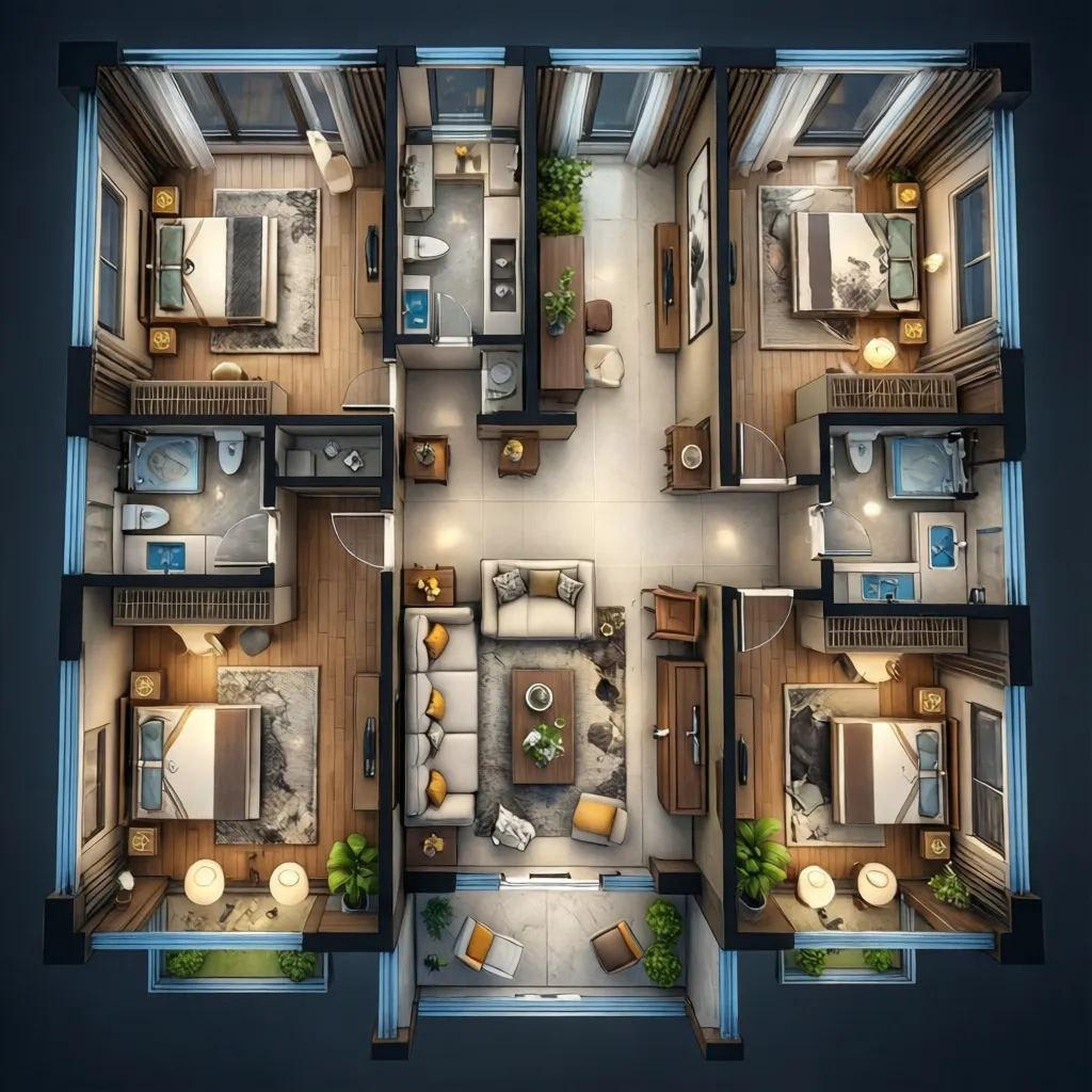 plano 3D de vivienda con varias habitaciones diseñadas