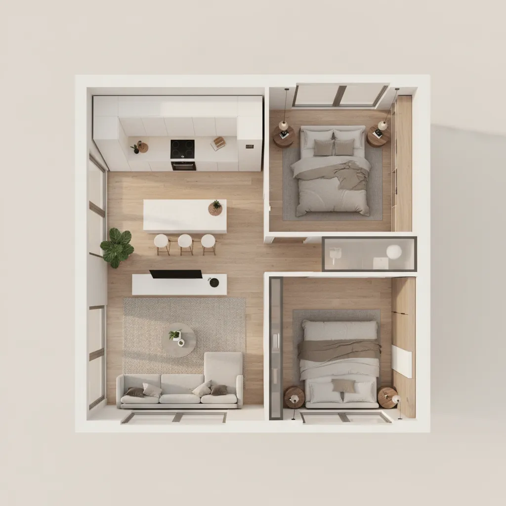 3D floor plan layout visualization showing furniture arrangement in a modern apartment