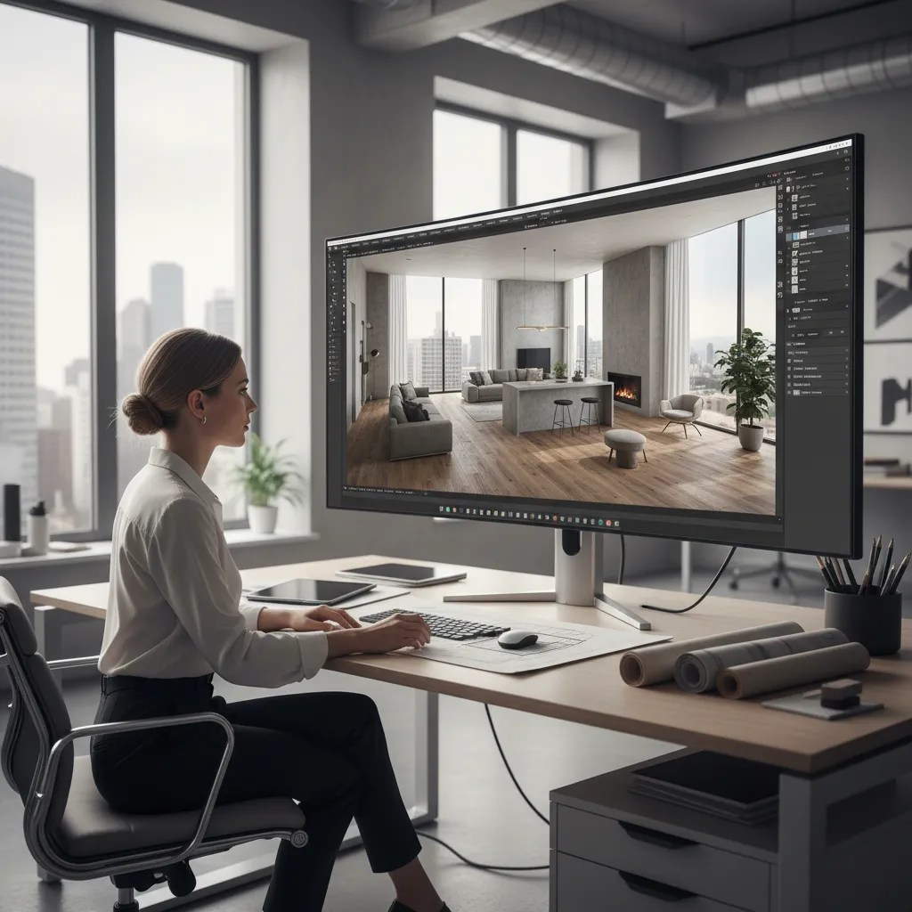 designer reviewing 3D floor plan layout on large monitor during home design process