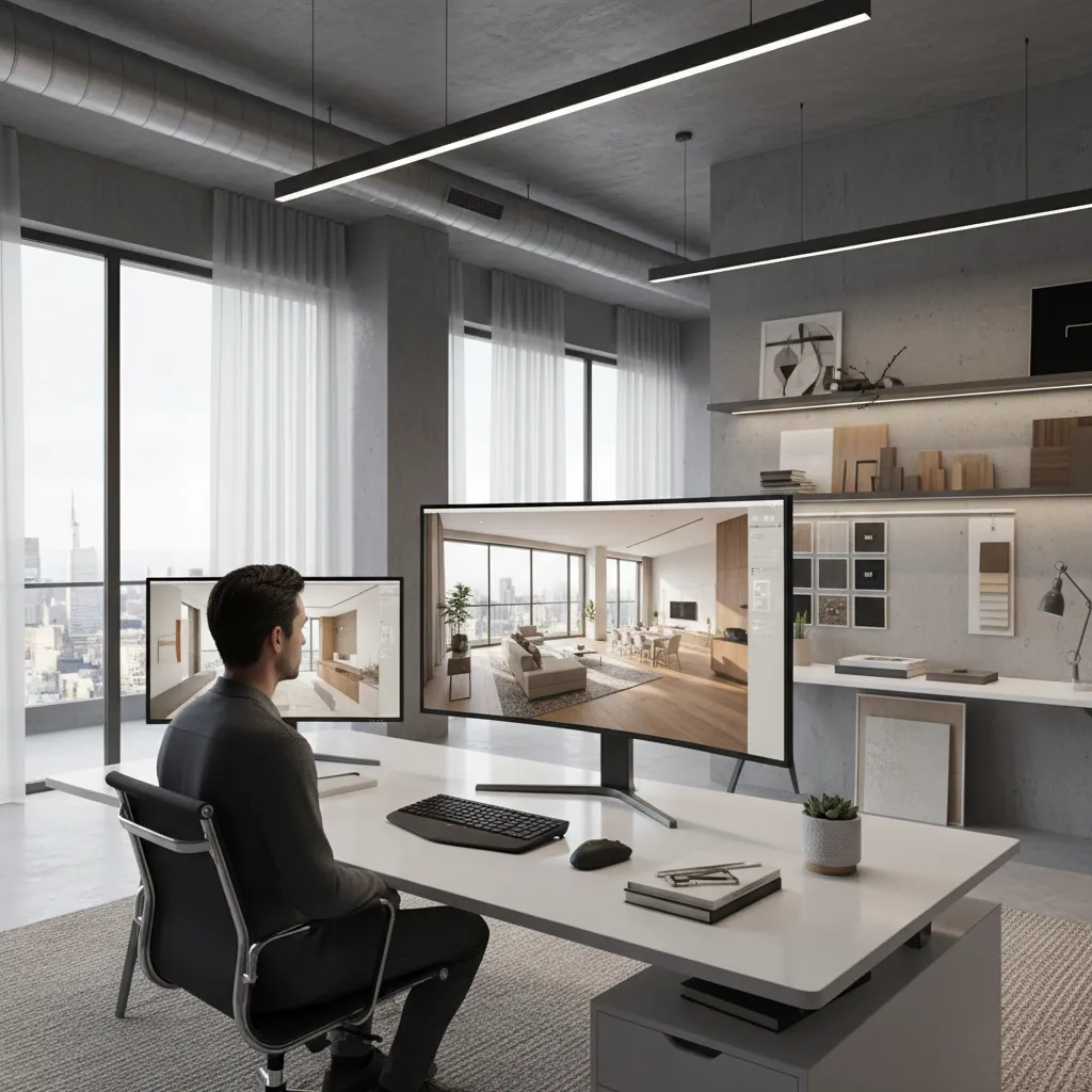 designer analyzing 3d floor plan layout on large monitor in modern design studio