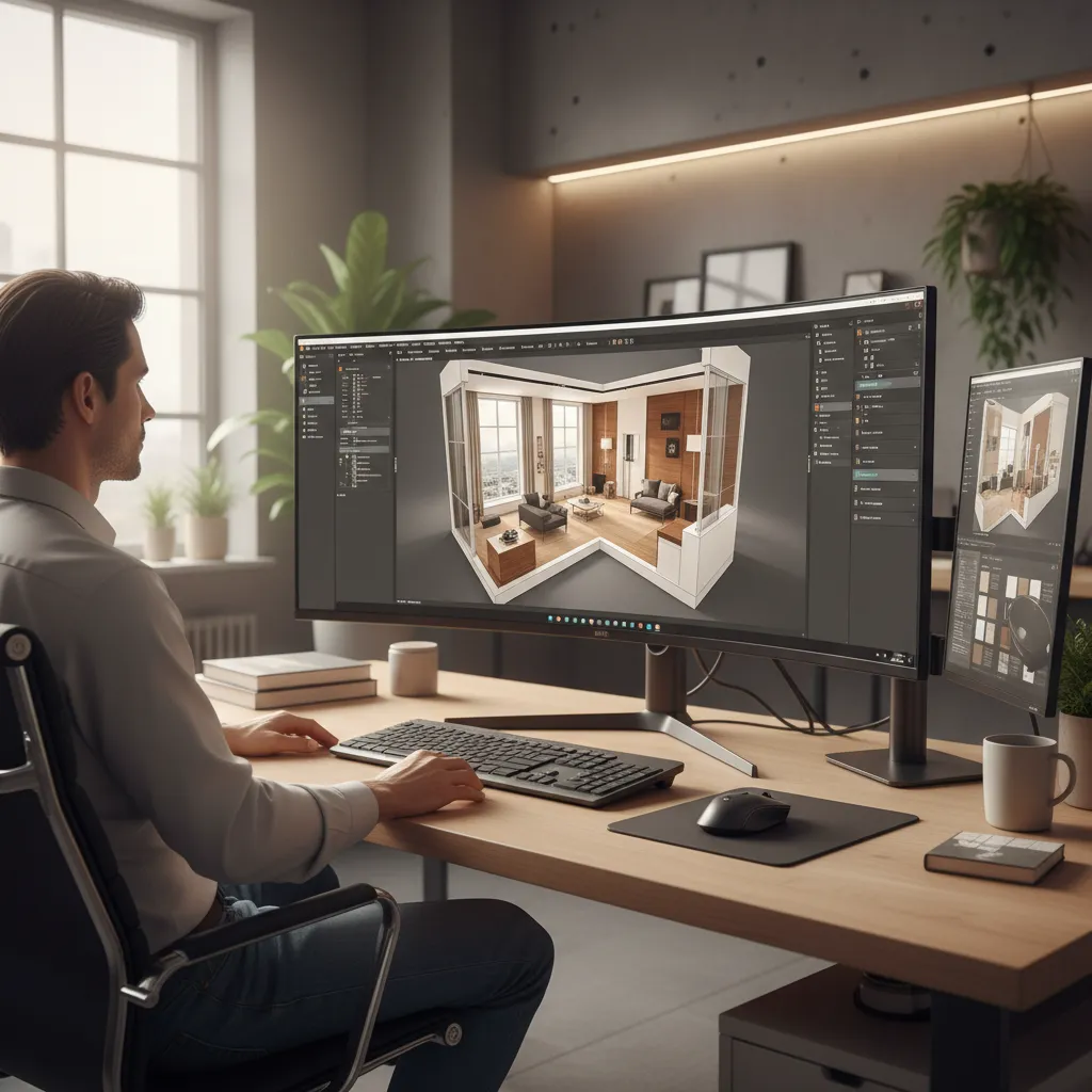designer creating a 3D floor plan layout on computer screen
