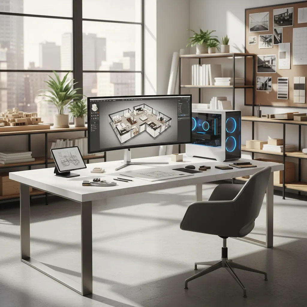 designer working on a 3D building floor plan model on computer screen