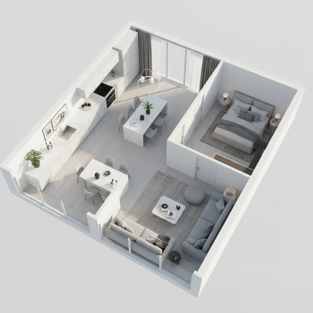 3D floor plan visualization of a modern apartment layout