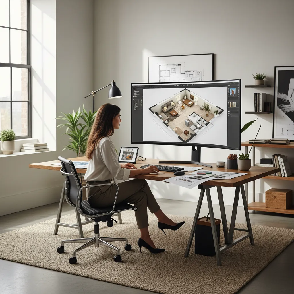 designer working on detailed 3D floor plan software interface