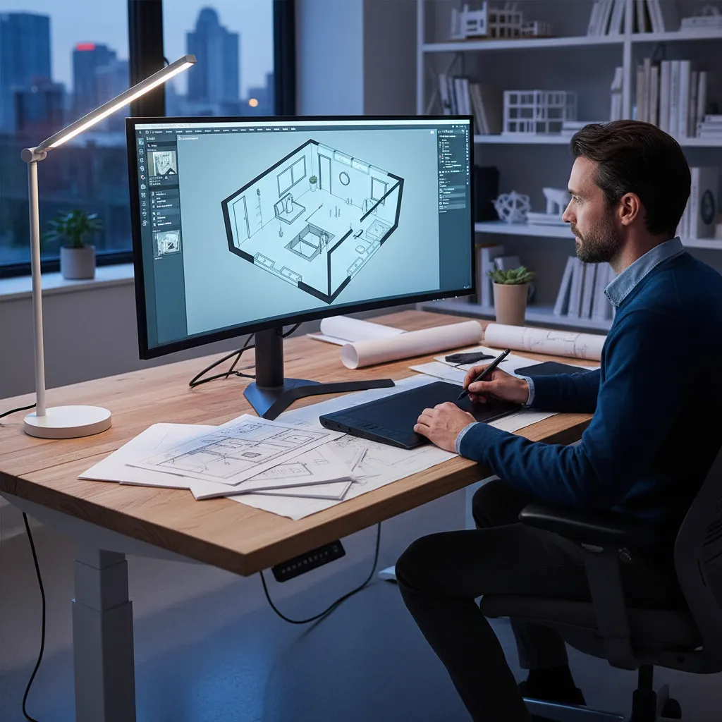 Diseñador trabajando en un plano 3D de una vivienda en ordenador