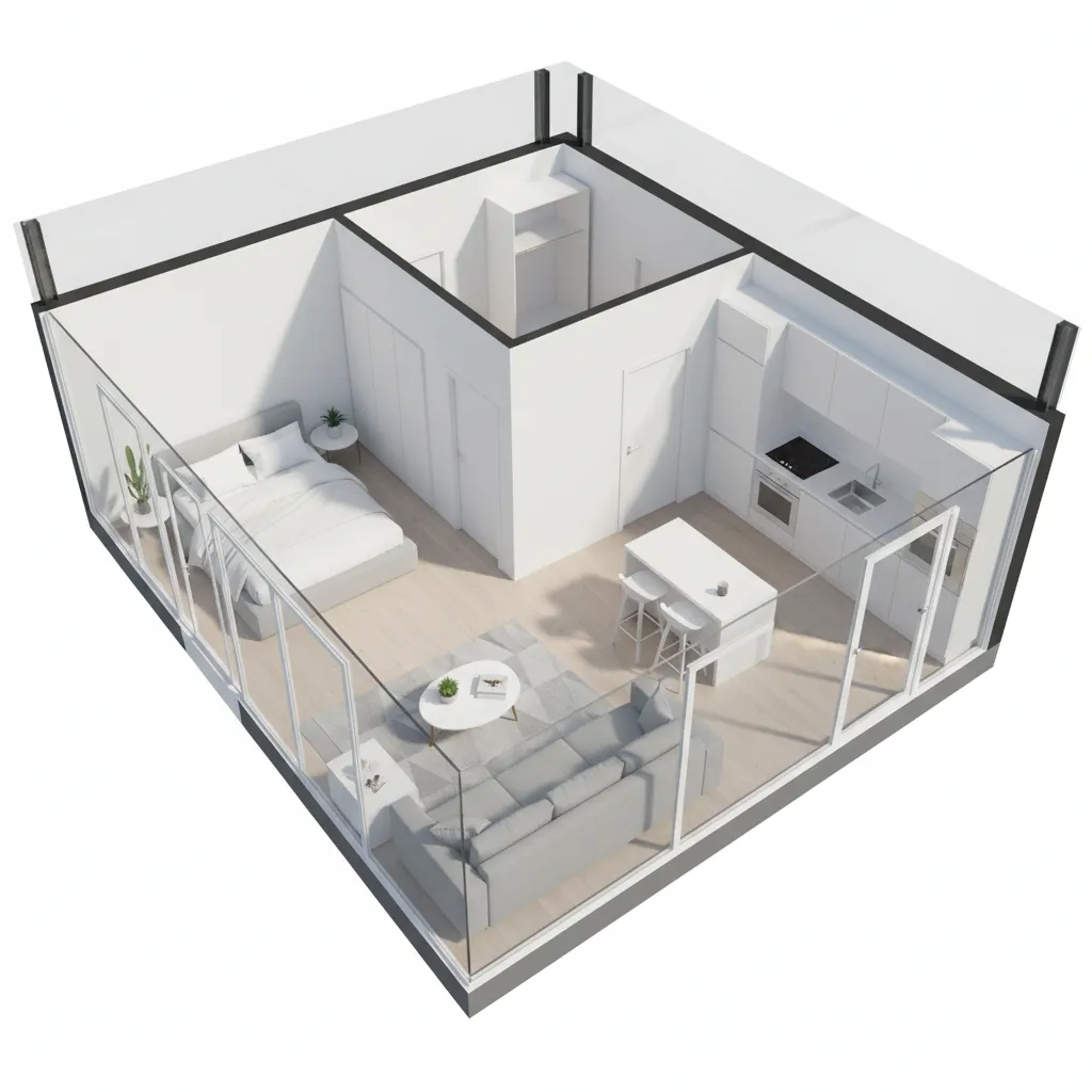 3D floor plan designer view of a compact apartment layout