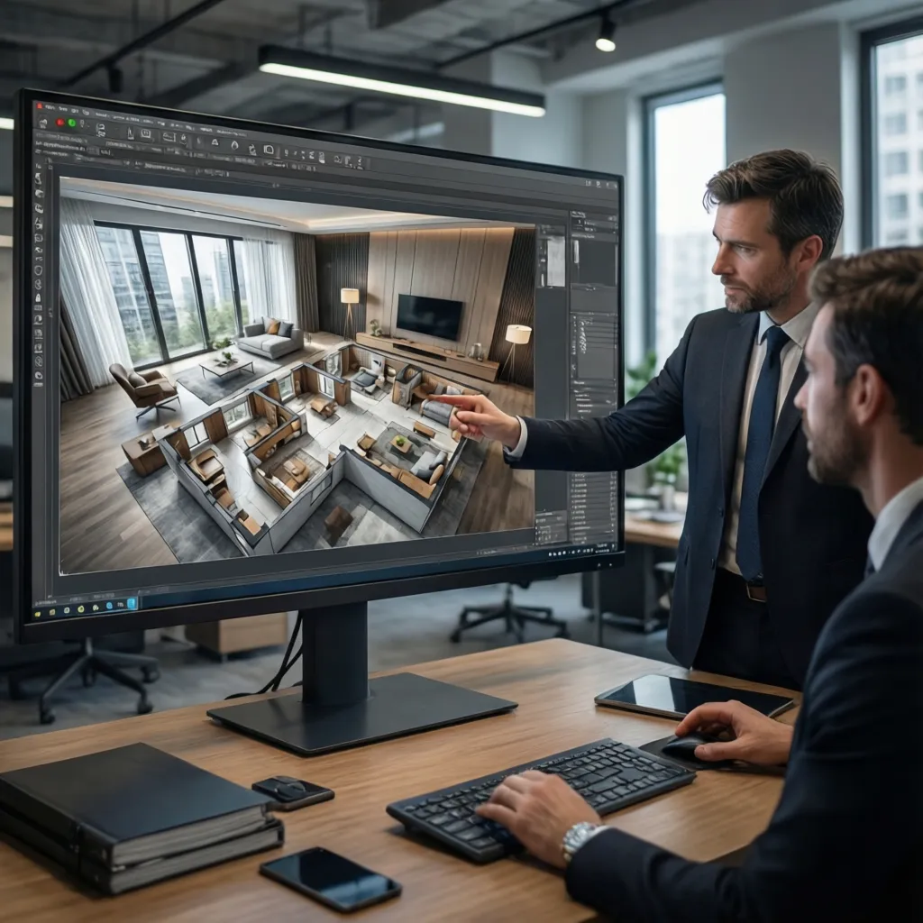Cliente observando un plano 3D de vivienda en pantalla con el diseñador explicando la distribución
