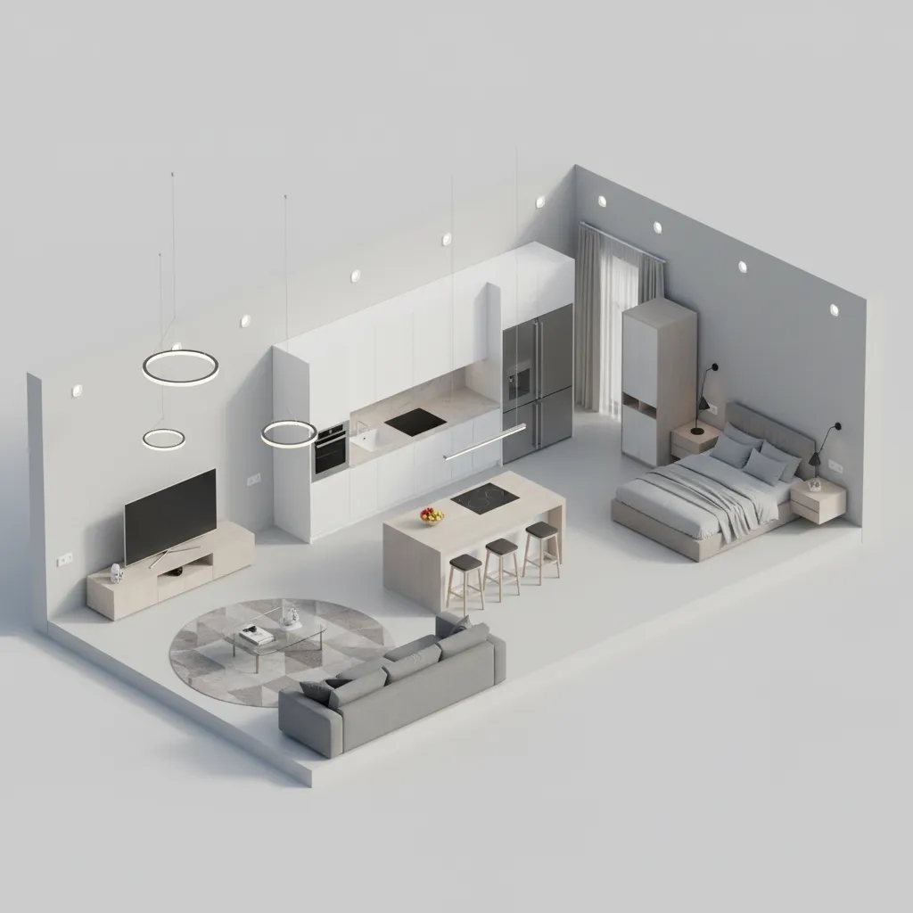 3D home layout showing lighting fixtures outlets and furniture arrangement