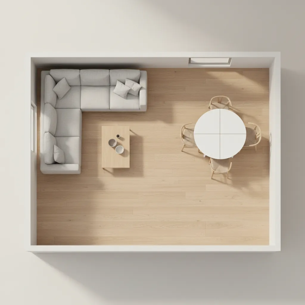 3D floor plan demonstrating furniture placement and walking circulation paths