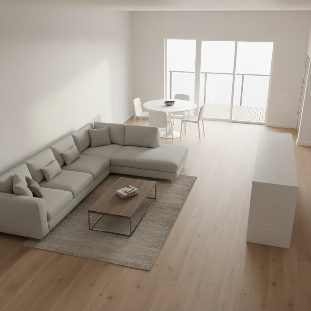 3D rendered floor plan showing living room furniture layout and circulation space
