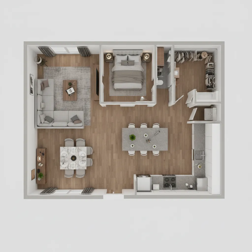 3D apartment floor plan showing furniture layout and room spacing