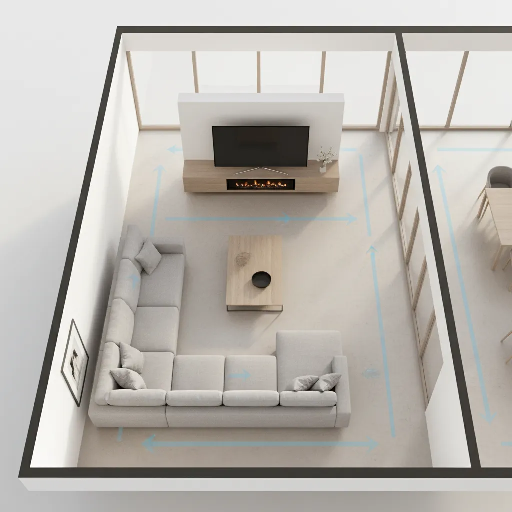 3D floor plan showing furniture placement and walking paths in a living room layout