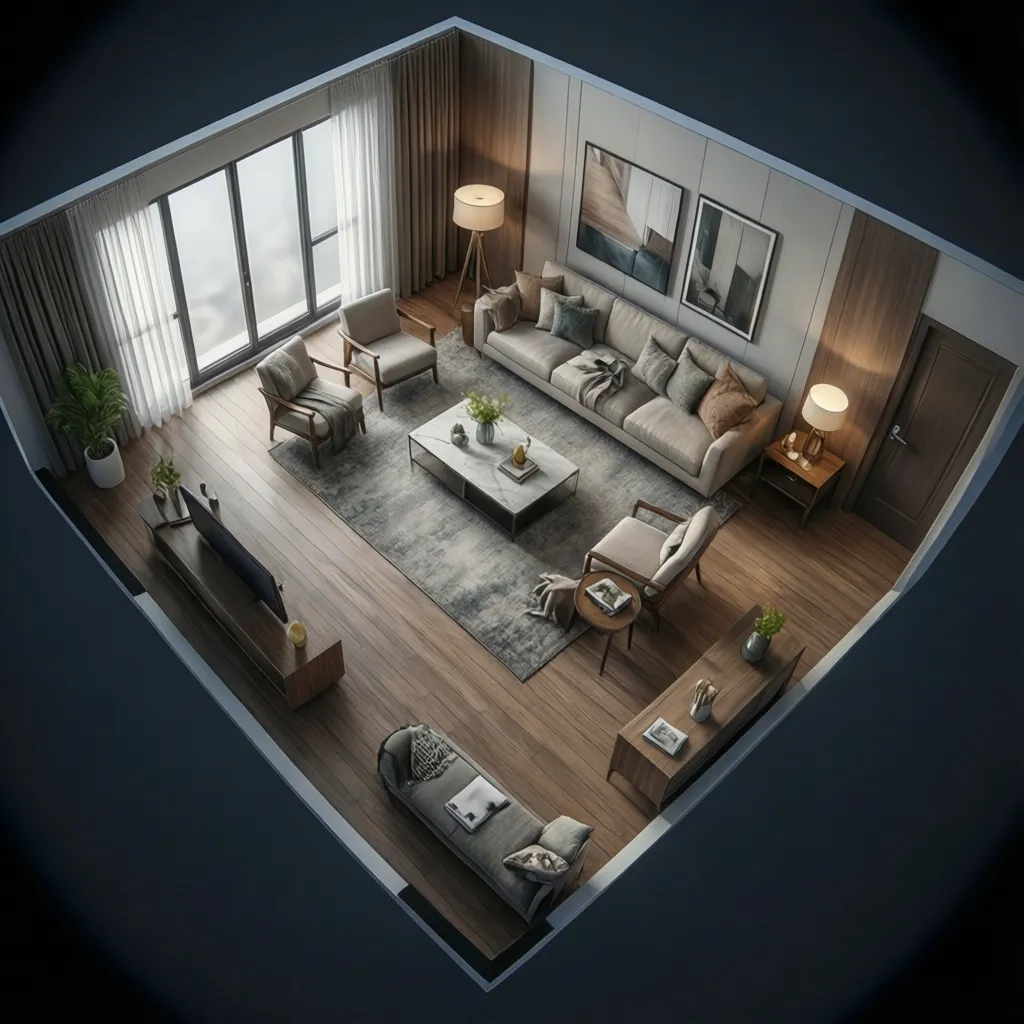 3D floor plan showing furniture layout planning for a living room