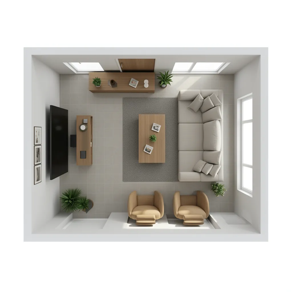 3D floor plan showing furniture arrangement in a living room