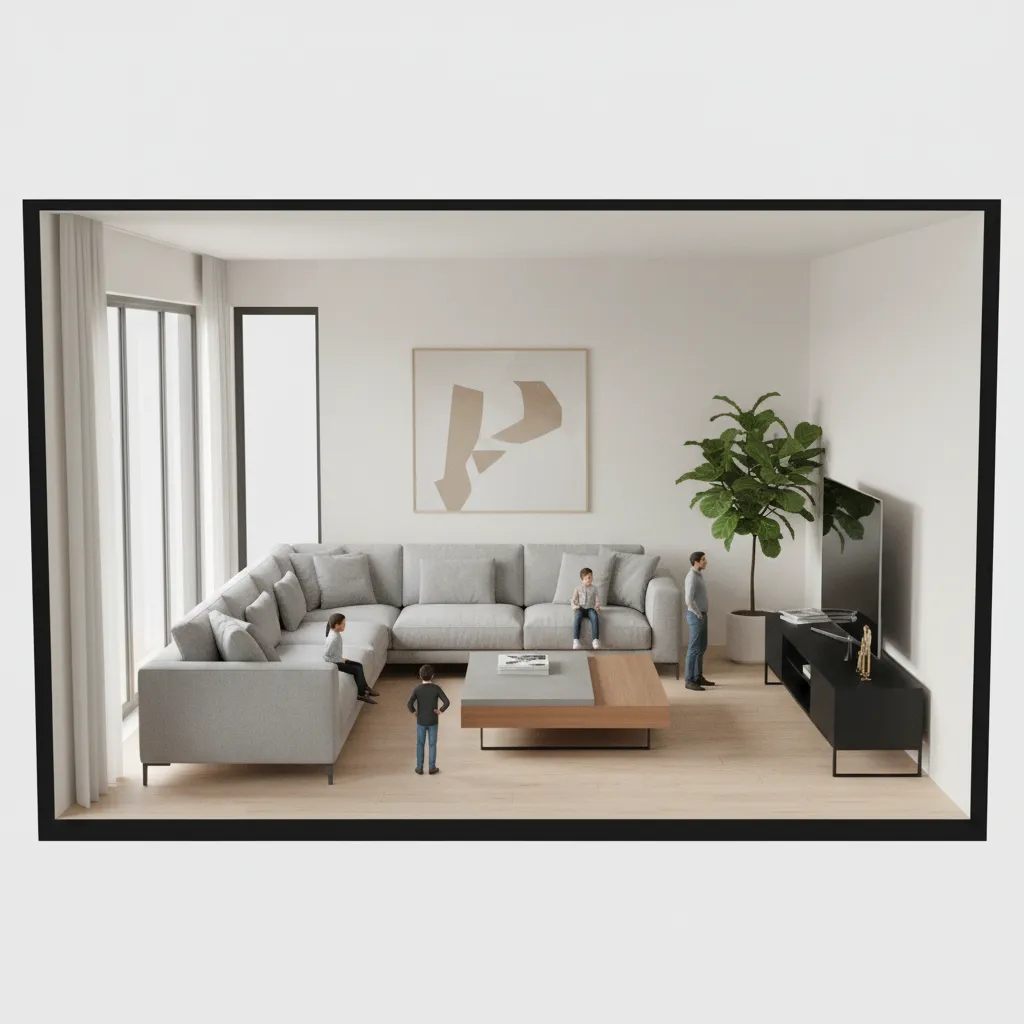 3D floor plan showing furniture scale comparison in living room layout