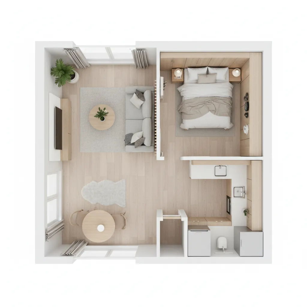 3D floor plan showing furniture scale inside a small apartment layout
