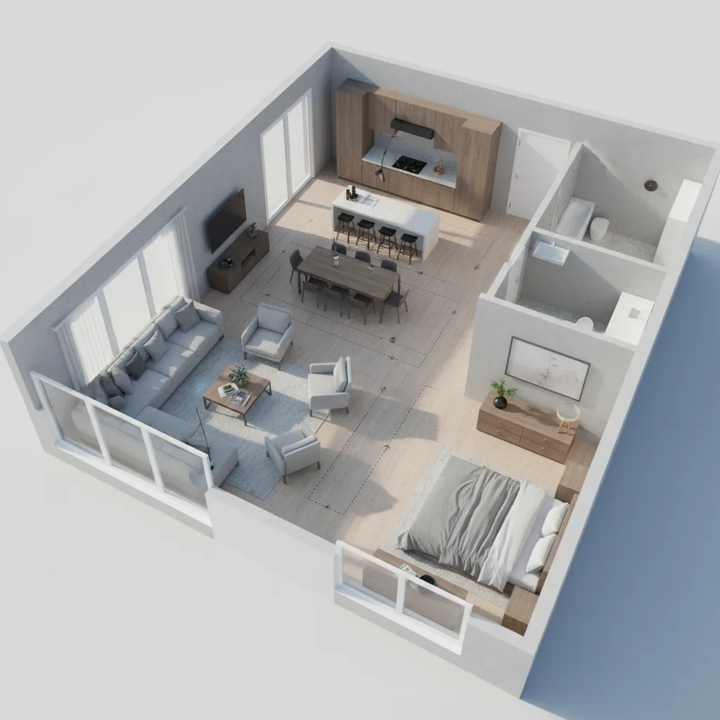 3D floor plan showing furniture scale and room circulation paths