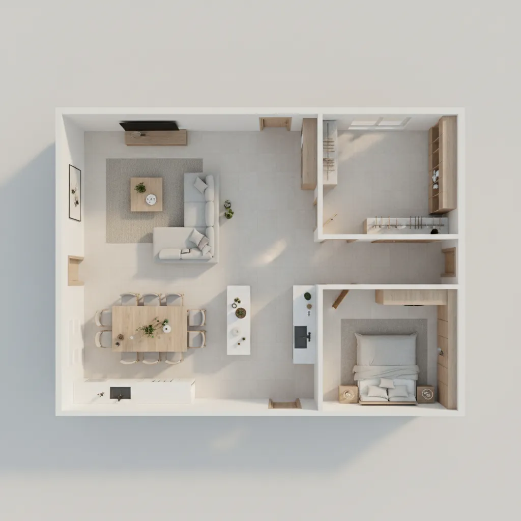 3D floor plan showing properly scaled furniture and walkways