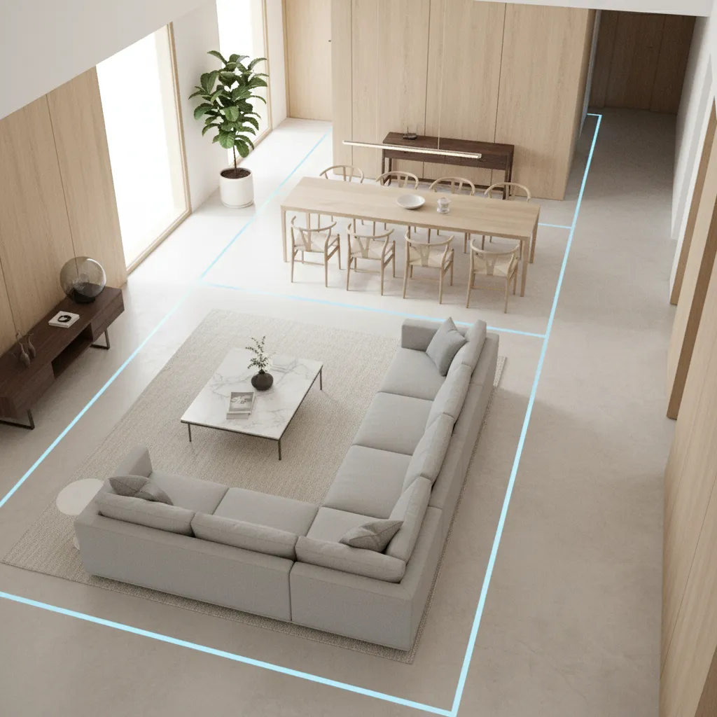 3D floor plan showing furniture spacing and walking paths