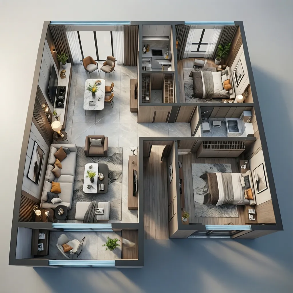 Plano 3D de una vivienda mostrando habitaciones y distribución