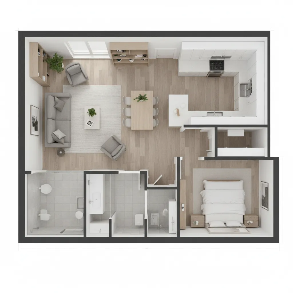 Plano 3D de una vivienda con distribución de habitaciones