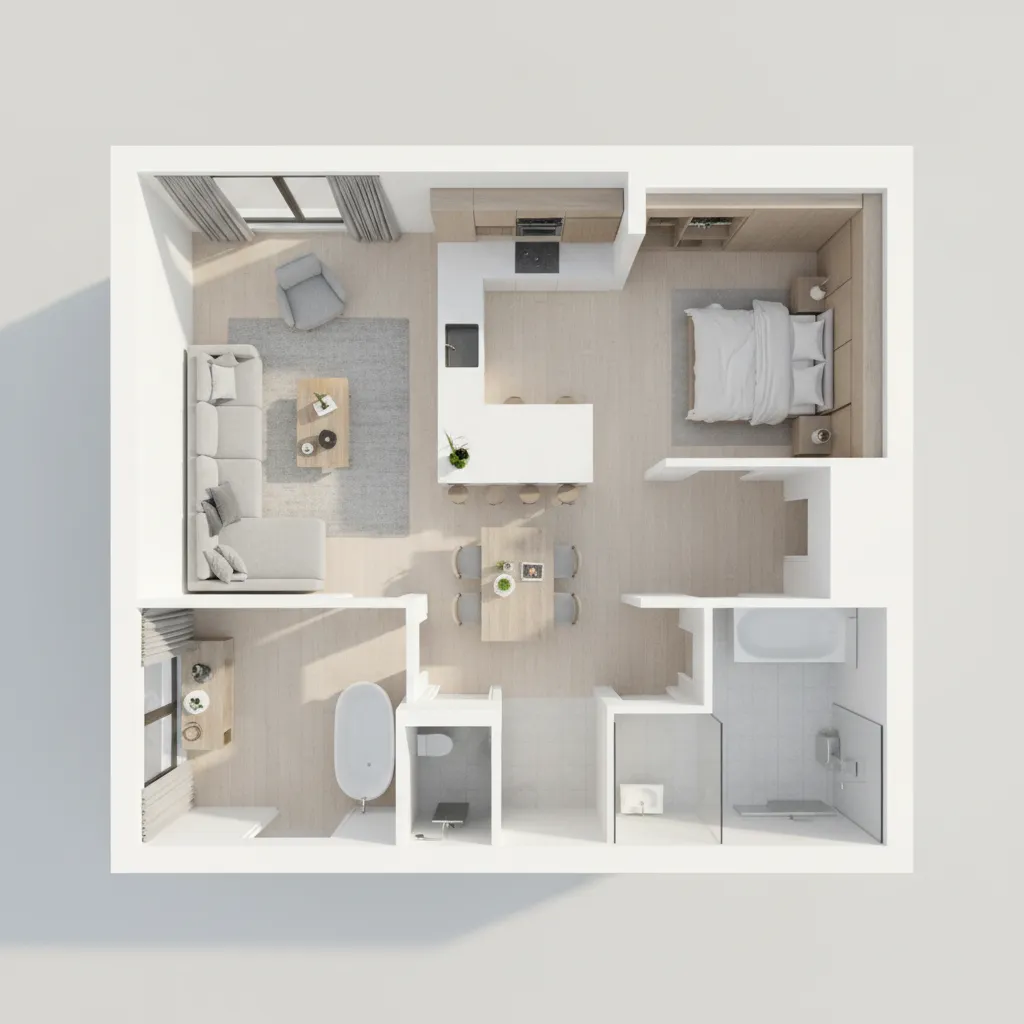 3D residential floor plan layout showing kitchen living room and bedroom zones