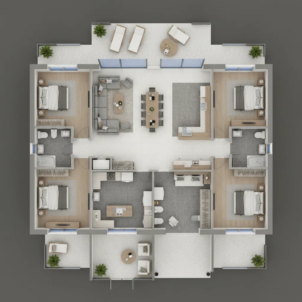 3D floor plan visualization of a large house layout