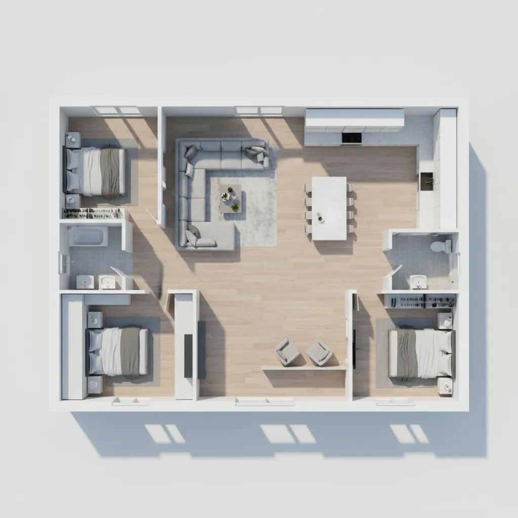 3D rendered house floor plan layout with labeled rooms
