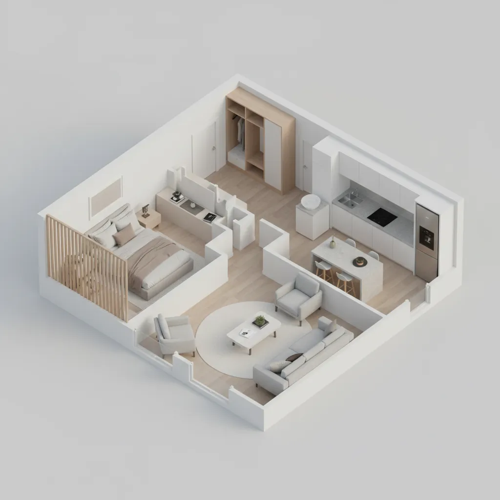 3D floor plan of a small apartment with furniture layout