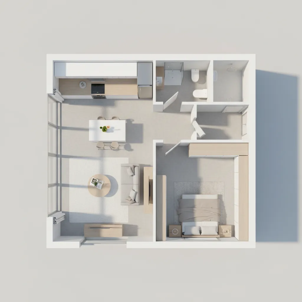 3D floor plan showing complete residential layout with furniture and room divisions