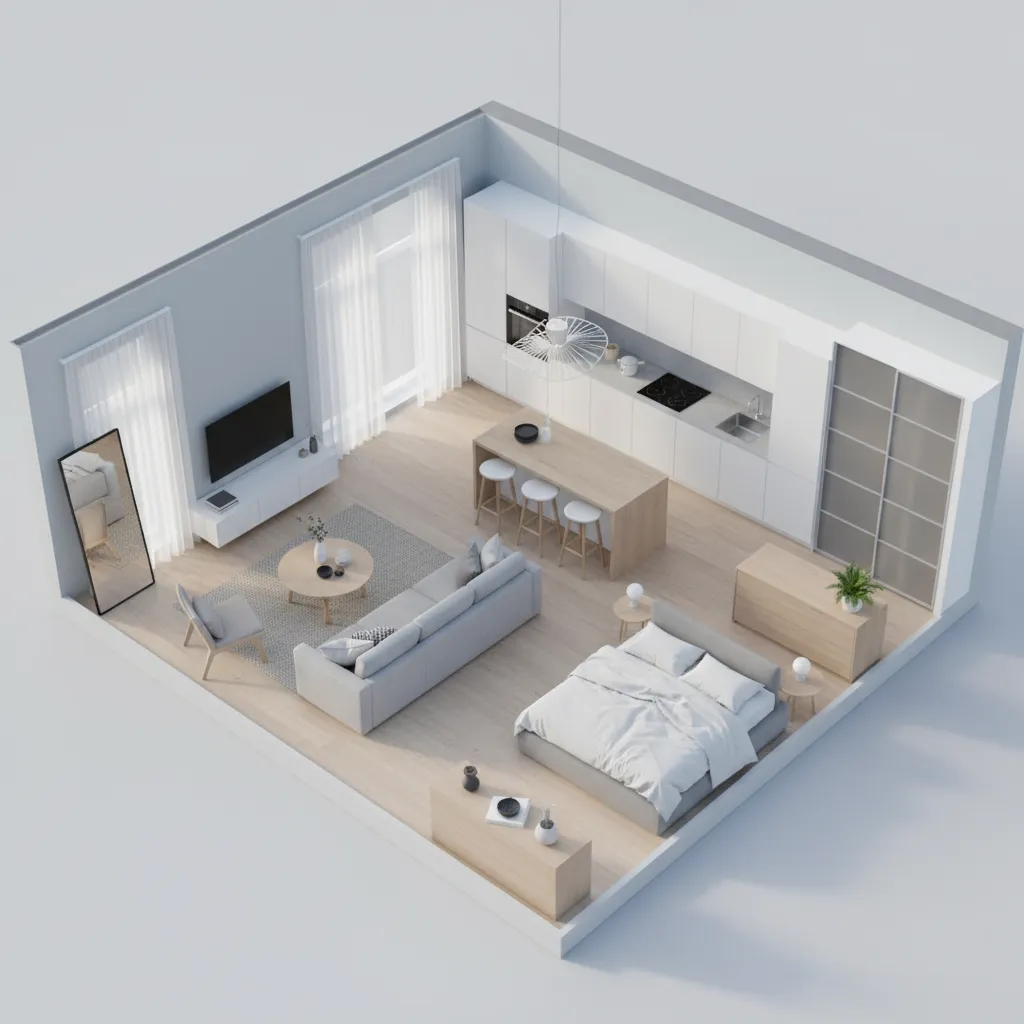 3D floor plan showing living room kitchen and bedroom layout in a modern apartment