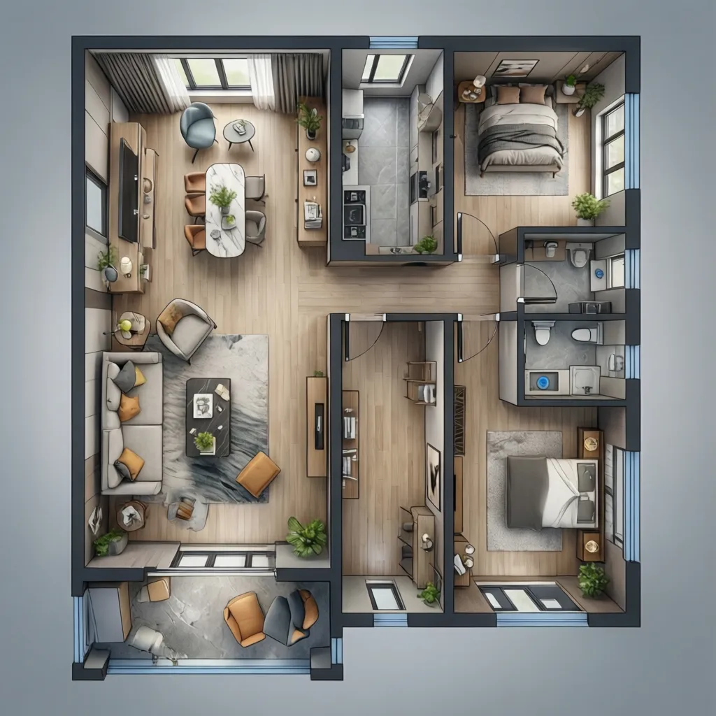 3D floor plan layout showing redesigned home renovation layout