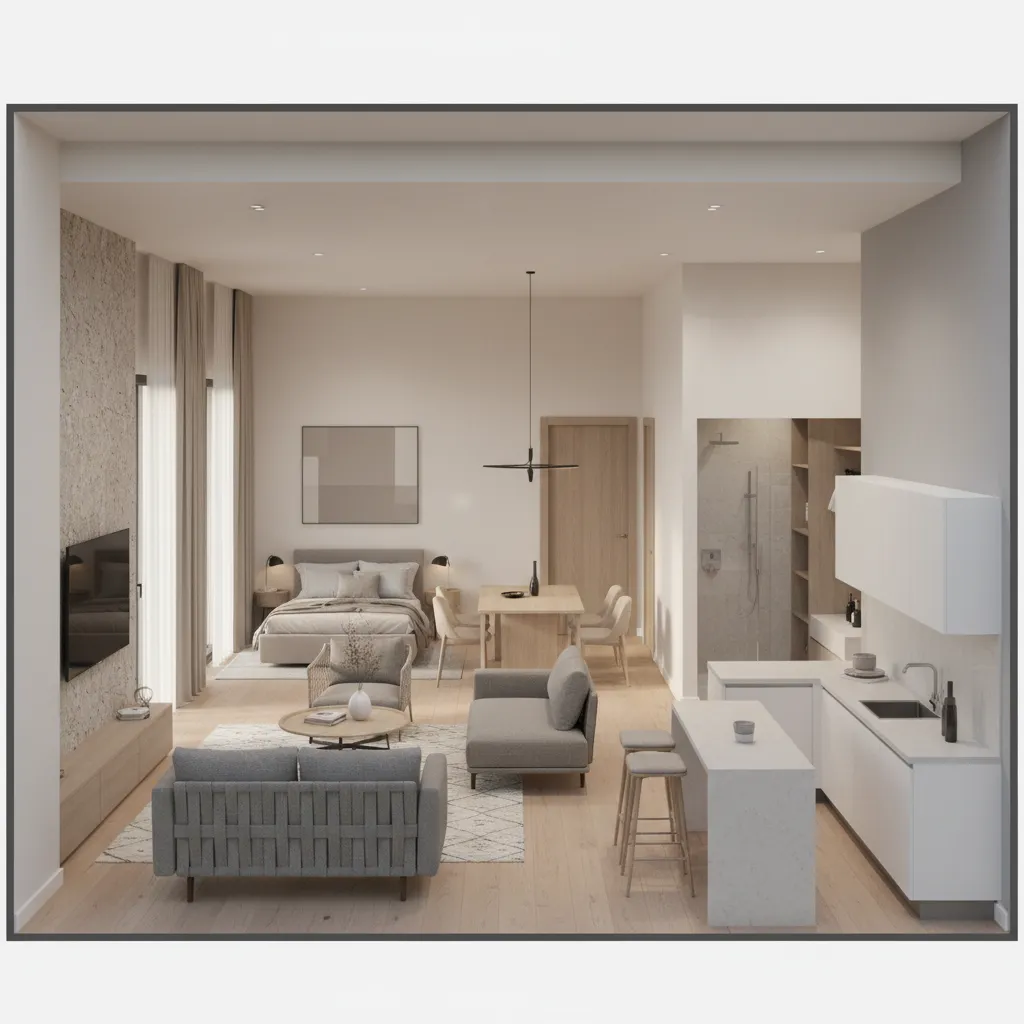 3D visualization of a house floor plan with furniture layout