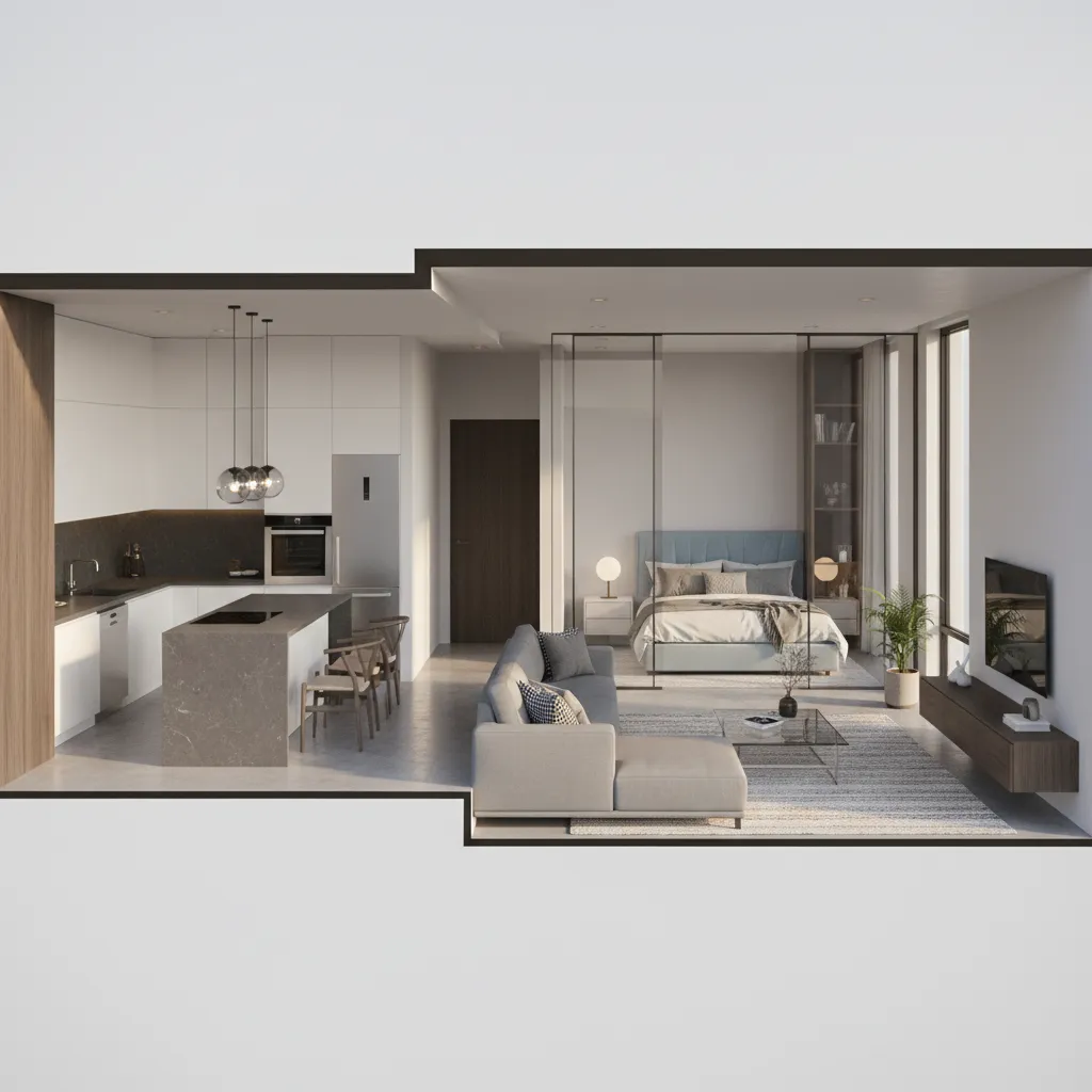 3D house floor plan visualization showing living room kitchen and bedroom layout