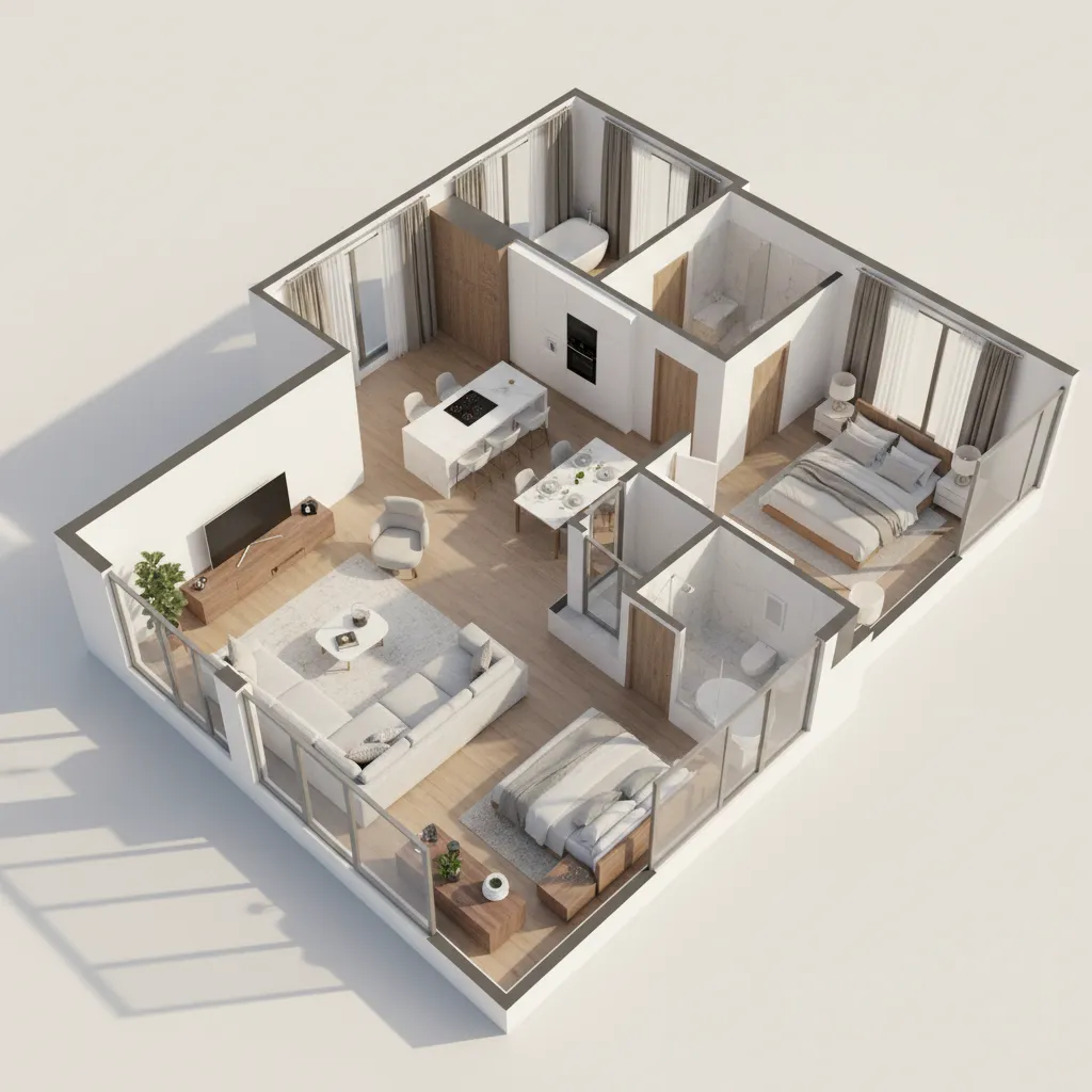 3D rendered home floor plan visualization showing rooms and furniture layout