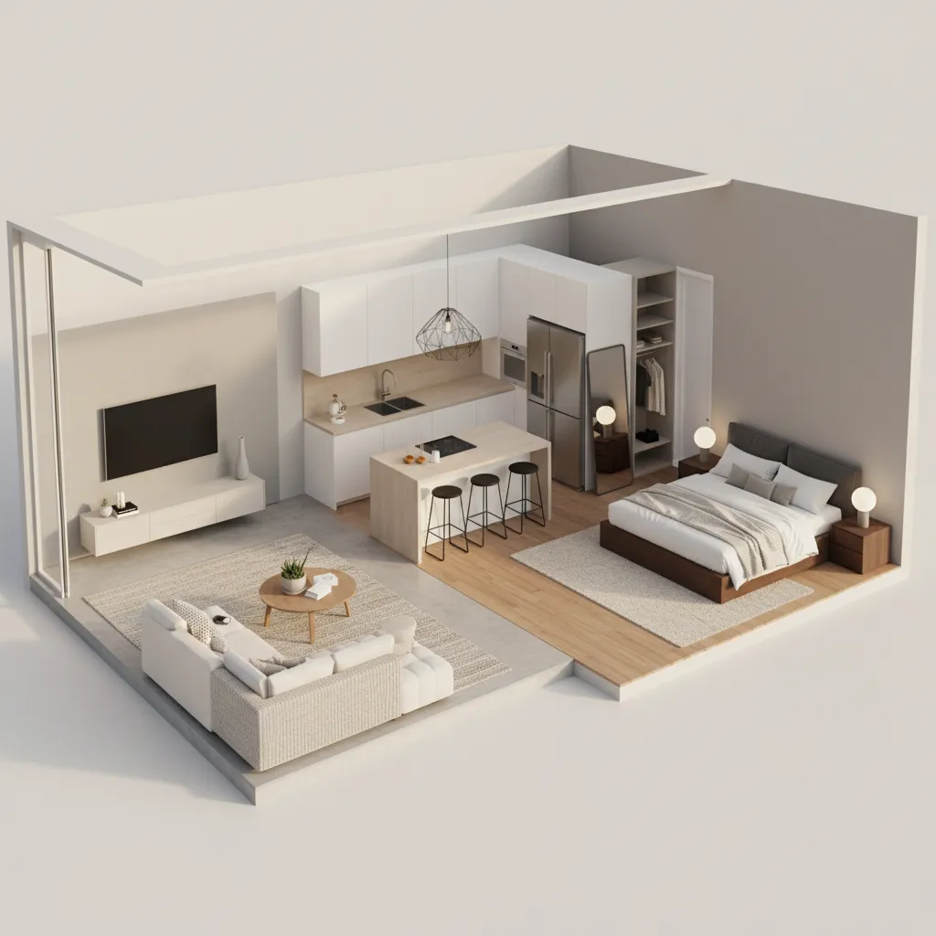 3D rendered home floor plan visualization showing rooms and furniture