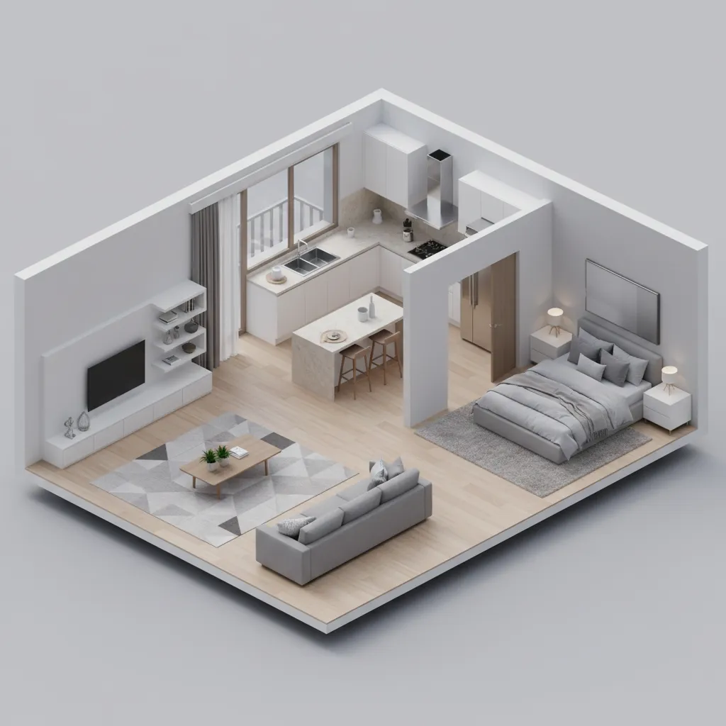 3D floor plan visualization of a modern home layout with furniture and lighting