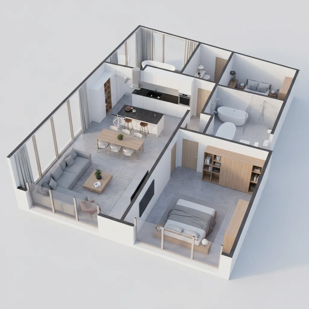 3D rendered home floor plan showing furniture and room layout