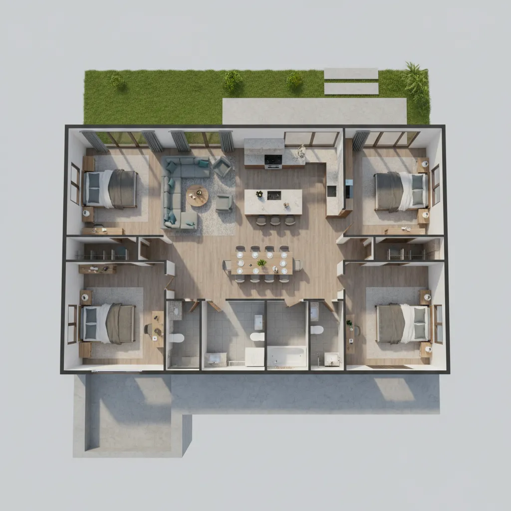 Modern interior design drawing showing four bedrooms open kitchen dining table and large grey sofa