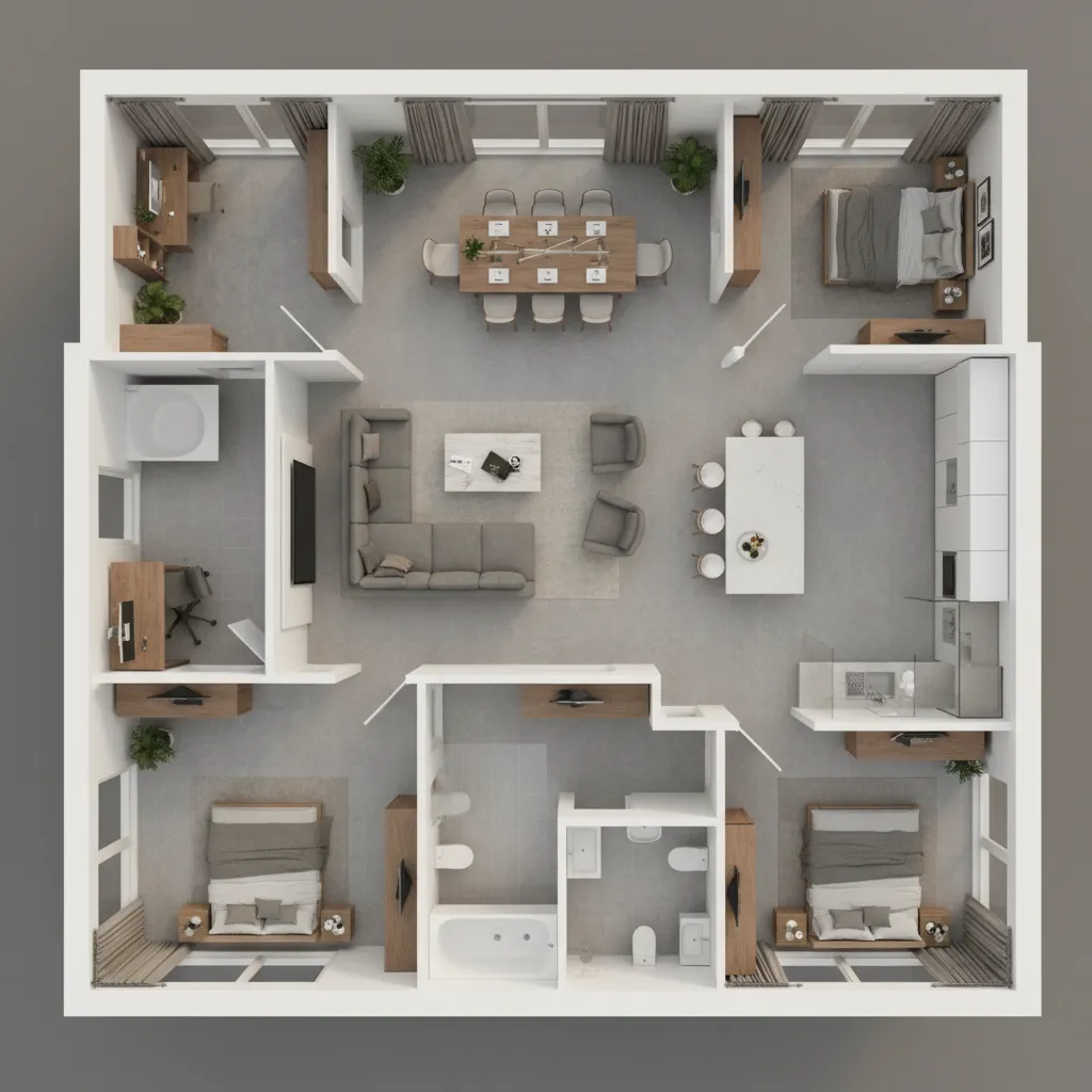 Plano 3D de una casa con distribución de habitaciones
