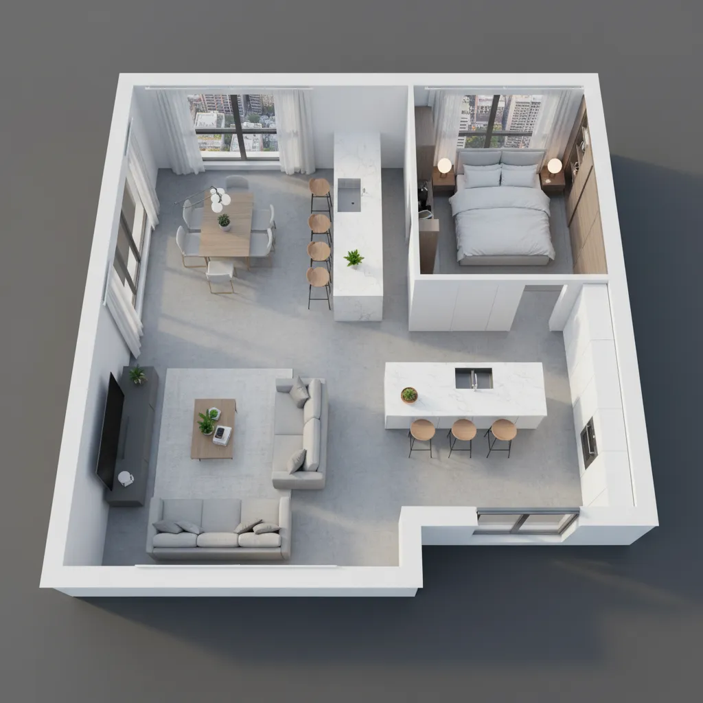 Three dimensional house floor plan showing bedroom living area kitchen and dining room with furniture
