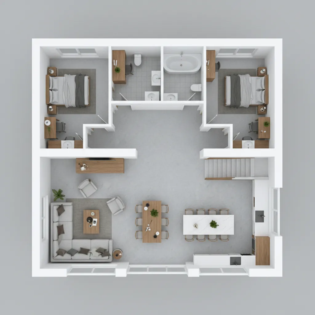 Bản vẽ mặt bằng 3D của một ngôi nhà phố