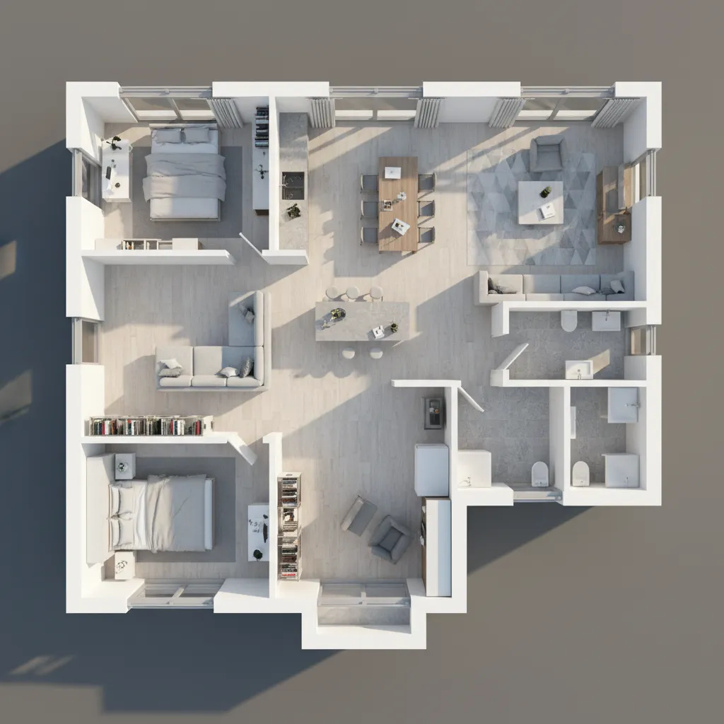 Plano 3D completo de una casa generado con software de diseño