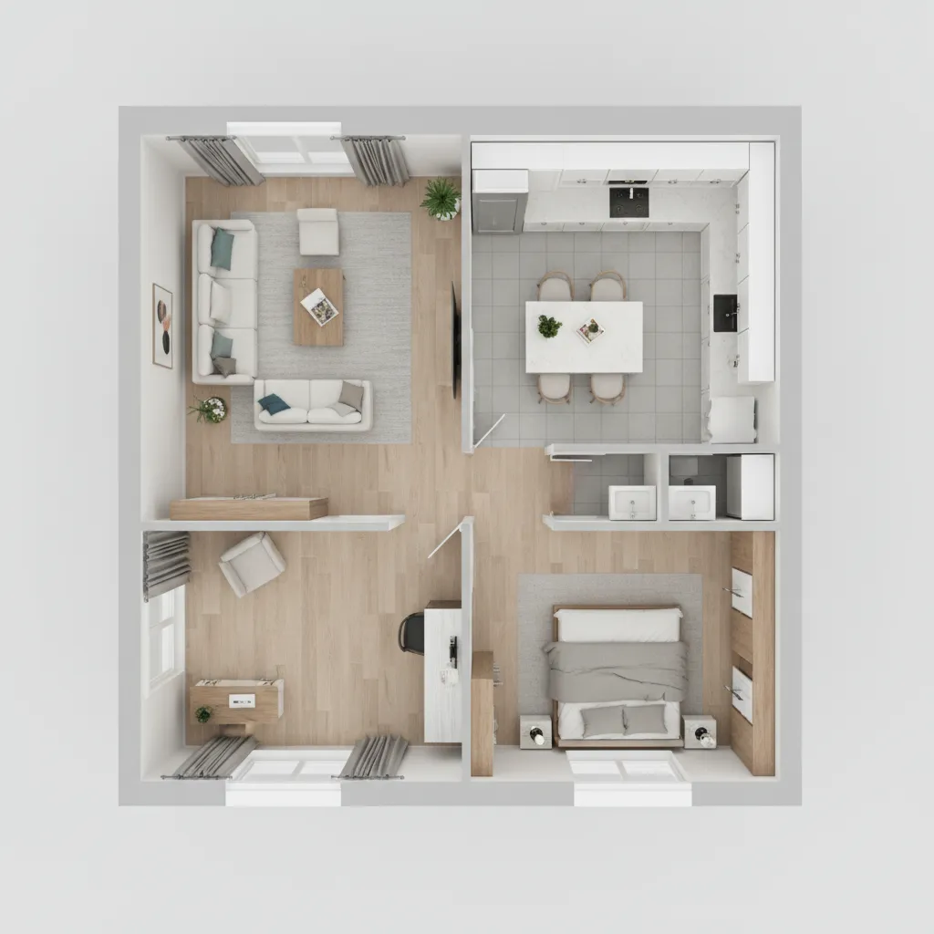 Top down 3D room layout showing living room kitchen bedroom bathroom and light wood flooring